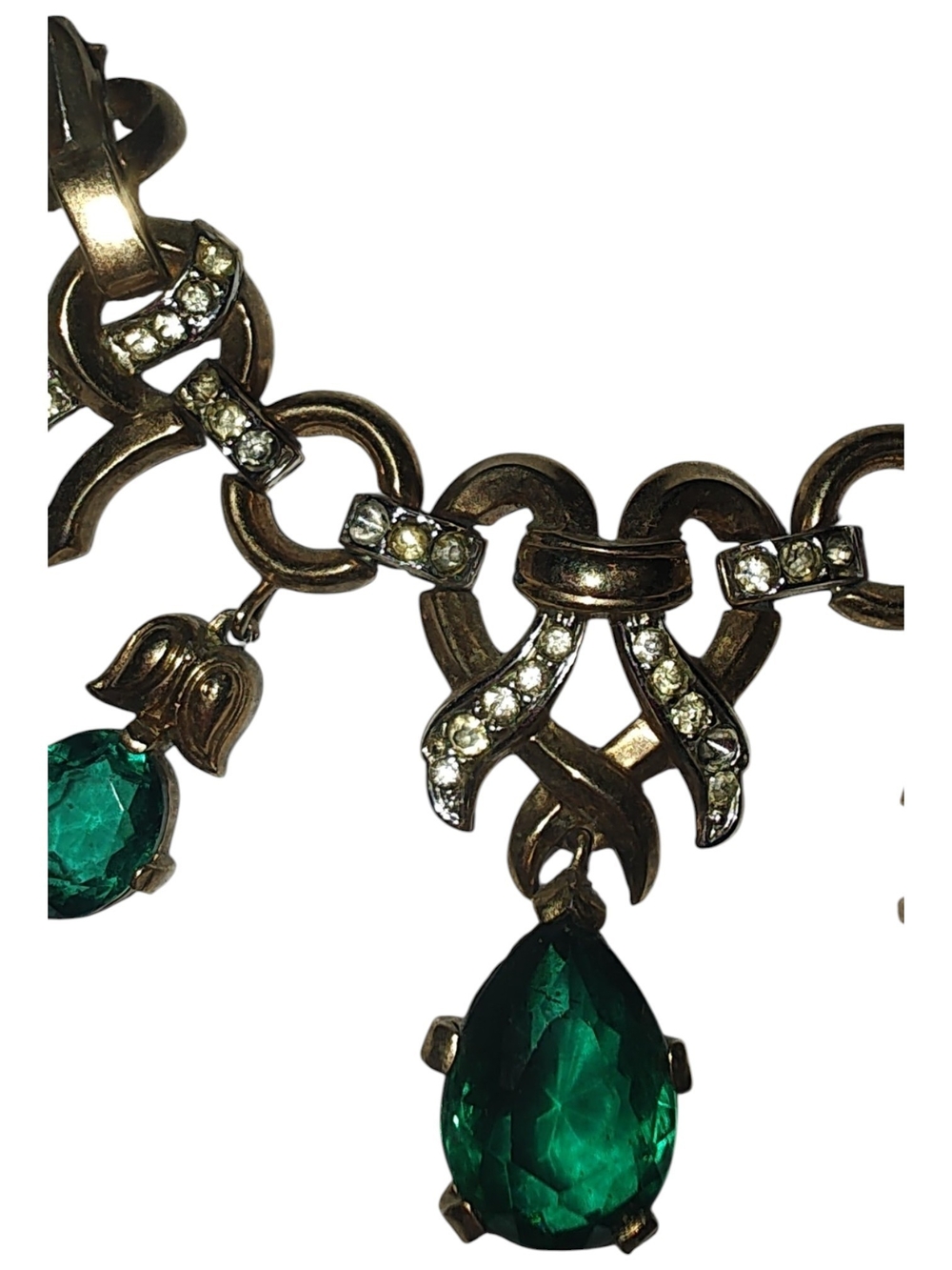 Trifari Vintage Green Rhinestone Teardrop Dangle Statement Necklace Medieval - Picture 5 of 9